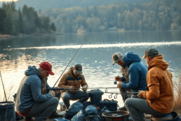 A group of anglers preparing fishing gear by a calm lake at sunrise, highlighting teamwork and dedication in a natural outdoor setting.