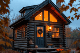 A small cozy wooden house with warm lighting, surrounded by autumn leaves and rustic decor, evoking a charming, vintage tiny house vibe.