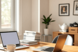 A tidy home office with a laptop, planner, and coffee cup on a desk bathed in sunlight from a window, illustrating work-life balance.