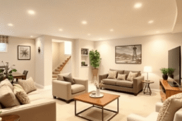 Bright finished basement with modern furniture, cozy lighting, and clean design, creating a comfortable and functional living space.