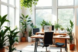 Bright modern home office with ergonomic furniture, green plants, large windows, natural light, and warm wooden accents creating a calm workspace.
