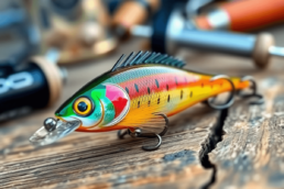 Close-up of a colorful handcrafted fishing lure on rustic wood, with fishing gear blurred in the background, highlighting detailed craftsmanship.