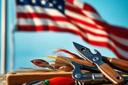 Close-up of handcrafted fishing lures and tools with a vibrant American flag waving in the background, highlighting craftsmanship and local manufac...