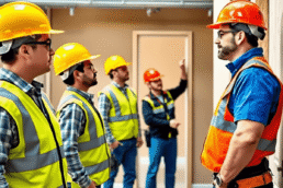 Construction workers and a handyman in safety gear collaborating at a bright, modern construction site with tools and building materials.