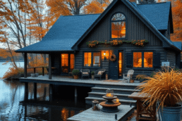 Cozy lakeside home surrounded by autumn trees, warm rustic decor, subtle construction tools and fishing gear nearby, blending nature and lifestyle.