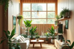 Interior of a modern eco-friendly home with natural wood, indoor plants, energy-efficient lighting, and warm natural light.