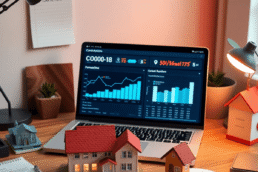 Laptop showing content marketing analytics on a desk with a tiny house model, marketing notes, and subtle vampire-themed decor in a modern digital ...