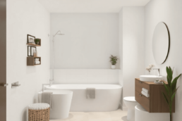 Modern bathroom with neutral tones, eco-friendly fixtures, and a clean, functional design highlighting comfort and practicality.