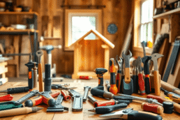 Neatly arranged handyman tools on a wooden workbench with a small carpentry project in progress, capturing a bright, inviting home repair scene.