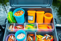 Organized fishing tackle box with colorful soft plastic lures and bait buckets, neat compartments, set against a natural outdoor fishing backdrop.