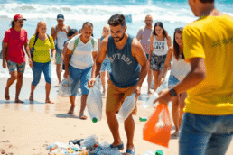 People cleaning a sandy beach, collecting plastic waste with clear blue ocean waves in the background, highlighting community environmental conserv...