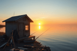 Sunrise over a calm lake with a rustic tiny house, fishing gear nearby, surrounded by peaceful natural scenery.