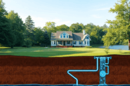 A lakeside home surrounded by green trees, clear sky, gentle rain, healthy soil, and clean water flowing into the earth symbolizing environmental c...