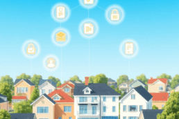 A modern suburban neighborhood with diverse homes and small businesses, glowing digital icons above buildings under a clear blue sky.