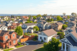 A vibrant suburban neighborhood in Lake County with diverse homes, fresh paint, landscaping, and a bright sky symbolizing growth and opportunity.