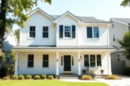 Bright modern house with clean lines, surrounded by greenery and sunlight in a suburban neighborhood, showcasing a fresh renovation and updated fea...