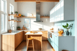 Bright modern kitchen with bamboo floors, recycled glass countertops, open shelves, bold accents, and natural light creating a fresh, stylish, eco-...