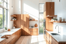Bright modern kitchen with sleek wood and stone countertops, stylish fixtures, and natural light creating a warm, practical atmosphere.
