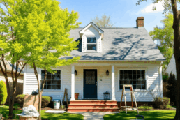 Bright suburban home with tools and materials in yard, sunny day, clear sky, green trees, evoking progress and community charm.