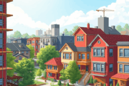 Colorful urban neighborhood with modern and renovated homes, scaffolding, green spaces, and community elements under a bright sky symbolizing growt...