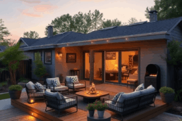 Cozy outdoor living space with modern deck, comfortable seating, ambient lighting, lush greenery, and natural materials in a serene backyard at gol...