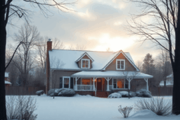Cozy suburban home with snow-covered roof and yard, bare trees around, and soft sunlight filtering through a cloudy winter sky.