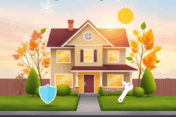 Cozy suburban home with snowflakes, green leaves, sunlight, and icons of shield, wrench, and energy-saving symbols against a calm sky background.