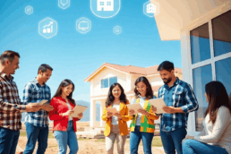 Home construction site with digital connectivity icons, homeowners and contractors collaborating outdoors using tablets and laptops against a clear...