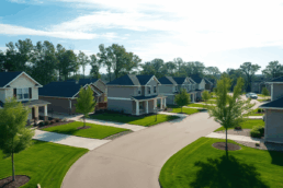 Modern suburban homes with manicured yards under a bright sky, featuring subtle construction tools and blueprints nearby symbolizing home renovations.