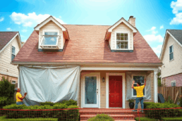 Suburban home under renovation with tarps and plastic sheeting, contractors working, lush green landscaping protected by barriers, under a bright, ...
