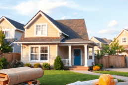 A bright suburban home with construction tools and blueprints nearby, symbolizing home remodeling and planning in a peaceful neighborhood under a c...