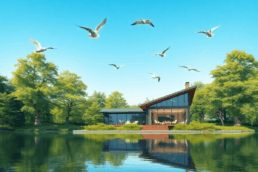 A modern lakeside home with large windows, surrounded by lush trees and birds flying under a clear blue sky, reflecting harmony with nature.
