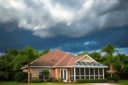 A sturdy suburban home with a screened porch surrounded by lush greenery under dark storm clouds, symbolizing hurricane preparedness and resilience.