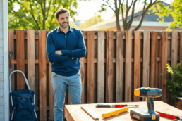 A suburban backyard with a partially built wooden fence, tools on a workbench, and a homeowner thoughtfully inspecting the progress.
