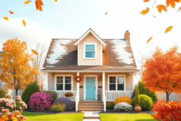 A well-kept suburban home with blooming flowers, autumn leaves, and light snow, featuring a sturdy roof, clean windows, and a welcoming porch under...
