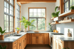Bright modern kitchen with wood cabinets, stone countertops, large windows, green plants, blending rustic farmhouse charm and sleek contemporary de...