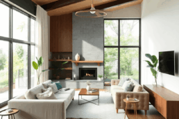 Bright modern living room with eco-friendly materials, smart tech, large windows showing greenery, blending sustainability and innovation in a cozy...