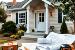 Bright suburban home exterior with construction tools and blueprints on a table, symbolizing careful planning for a home improvement project.