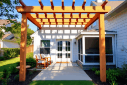 Bright suburban home with a cedar pergola, screened porch, lush landscaping, and clear blue sky in a peaceful neighborhood.
