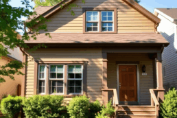 Cozy suburban home with fresh siding, surrounded by green plants and bathed in natural light, showcasing careful renovation and craftsmanship.