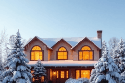 Cozy suburban home with snow-covered trees, icicles on roof edges, and a sturdy exterior under a clear winter sky.