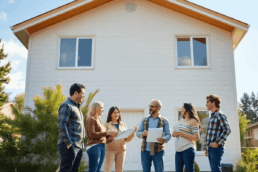 Homeowners and contractor discussing renovation outside a bright suburban house with visible construction elements and green trees under clear sky.