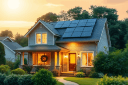 Modern cozy home with solar panels and LED lights, surrounded by lush greenery under a bright sky, showcasing sustainable living in a suburban neig...