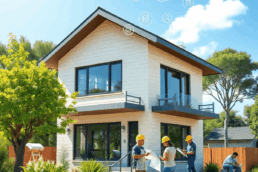 Modern eco-friendly house under construction with workers collaborating, surrounded by green trees and digital icons symbolizing tech and permits.