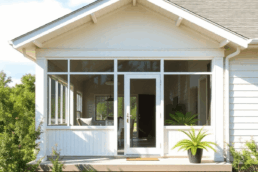 Modern home exterior with large screened porch, surrounded by greenery under a clear sky, highlighting home improvement and property value.