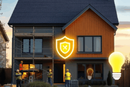 Modern suburban home under renovation with scaffolding, workers in safety gear, glowing shield icons, and energy-efficient light motifs against a c...