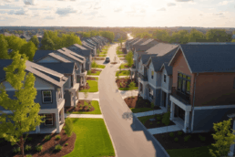 Modern suburban neighborhood in Lake County with new homes, green gardens, and bright sky symbolizing growth and community.