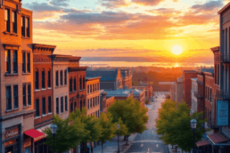 Sunset urban street with historic and modern buildings, lively storefronts, people walking and biking, green trees, and a lake under a colorful sky.